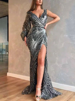 Robe de Soirée Imprimés Femme Longue Eté Sexy à Col Décolleté avec Manches Longues Amples Epaule Dénudées Coupe Cintrée avec Fente Bicolores Robe Sexy