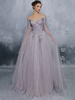 Robe de soirée lavande en tulle bustier en dentelle manche longue transparent au sol zip sur dos robe de cérémonie