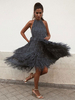 Robe de Soirée Longue avec Franges avec Bretelles avec Dos Nu Coupe Cintrée Bas Evasée Robe Charleston