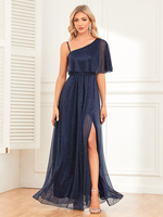 Robe De Soirée Longue Bleu Marine Foncé Épaule Nue Fente Haute