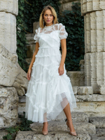 Robe De Soirée Longue Col Haut Volants Manches Courtes À Pois Robe Semi-Formelle