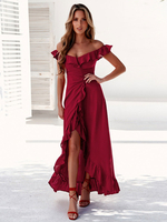 Robe de Soirée Longue en Dentelle Femme Sexy Eté avec Bretelles Volantes Coupe Cintrée avec Fente Bas Evasée Unicolore Robe Sexy