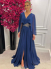 Robe de Soirée Longue en Mousseline avec Manches Longues Amples à Col Décolleté en V Coupe Cintrée avec Fente Bas Evasée Unicolore Robe Longue