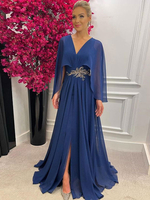 Robe de Soirée Longue en Mousseline avec Manches Longues Amples à Col Décolleté en V Coupe Cintrée avec Fente Bas Evasée Unicolore Robe Longue