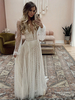 Robe de Soirée Longue en Mousseline Creusante avec Manches Longues Amples à Col Décolleté en V Coupe Cintrée Bas Evasée Unicolore Robe Longue