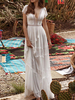 Robe de Soirée Longue en Mousseline Femme avec Manches Courte à Col Décolleté en V Bas Evasée Unicolore Robe Longue Sexy
