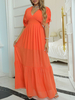 Robe de Soirée Longue en Mousseline Femme avec Manches Courtes Amples à Col V Coupe Cintrée Bas Evasée Unicolore Robe Longue