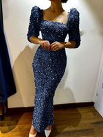 Robe de Soirée Longue en Paillette Femme à Col Carré avec Manches Mi-longue Amples Coupe Cintrée Unicolore