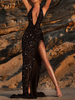 Robe de Soirée Longue en Paillette Femme à Col Décolleté en V Coupe Cintrée avec Fente Unicolore