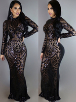 Robe de Soirée Longue en Paillette Moulante Femme Moulante à Col Montant avec Manches Longues Coupe Cintrée avec Dos Nu Unicolore Robe de Sirène Sexy