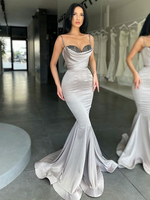 Robe de Soirée Longue en Satin à Col Décolleté en V avec Bretelles Coupe Cintrée Robe de Sirène Unicolore Robe Femme
