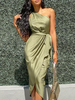 Robe de Soirée Longue en Satin Femme avec Bretelle avec Epaule Dénudée Coupe Cintrée à Lacets avec Fente Unicolore Robe de Soirée Sexy