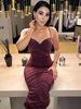 Robe de Soirée Longue en Satin Femme avec Bretelles à Col Décolleté en V Coupe Cintrée en Plis Coupe Cintrée Unicolore Robe Eté