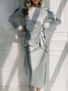 Robe de Soirée Longue Femme à Col Rond avec Manches Longues Coupe Cintrée à Lacets Unicolore Robe Femme