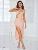 Robe de Soirée Longue Femme avec Bretelles à Col Décolleté Coupe Cintrée avec Fente Unicolore