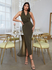 Robe de Soirée Longue Femme avec Bretelles à Col Décolleté en V Coupe Cintrée avec Fente Unicolore