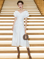 Robe de Soirée Longue Femme avec Manches Courtes Amples à Col V Coupe Cintrée Unicolore