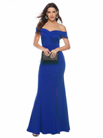 Robe de Soirée Longue Femme avec Manches Courtes avec Epaule Dénudé Coupe Cintrée Bas Evasée Robe de Sirène Unicolore Robe Eté
