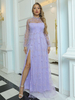 Robe de Soirée Longue Femme avec Manches Longues à Col Rond Coupe Cintrée avec Fente Unicolore