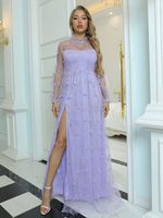 Robe de Soirée Longue Femme avec Manches Longues à Col Rond Coupe Cintrée avec Fente Unicolore