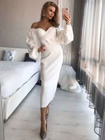Robe de Soirée Longue Femme avec Manches Longues Amples avec Epaule Dénudée Coupe Cintrée Unicolore Robe Femme