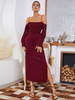 Robe de Soirée Longue Femme avec Manches Longues avec Epaule Dénudée Coupe Cintrée avec Fente Unicolore