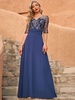 Robe de Soirée Longue Femme avec Manches Mi-longues à Col V Coupe Cintrée Bas Evasée Unicolore