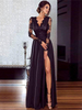 Robe de Soirée Longue Femme en Dentelle Creusante avec Manches Longues à Col Décolleté Coupe Cintrée avec Fente Unicolore Robe Longue Sexy