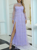 Robe de Soirée Longue Femme en Mousseline à Col Rond avec Manches Longues avec Fente Transparente Unicolore Robe Longue