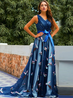 Robe de Soirée Longue Femme en Mousseline avec Bretelles à Col V Coupe Cintrée à Lacets Bas Evasée Robe de Cocktail