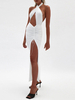 Robe de Soirée Longue Femme en Plis avec Bretelles à Col V avec Epaule Dénudée Coupe Cintrée en Plis avec Fente à Lacets Unicolore Robe Eté Robe Sexy