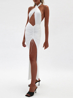Robe de Soirée Longue Femme en Plis avec Bretelles à Col V avec Epaule Dénudée Coupe Cintrée en Plis avec Fente à Lacets Unicolore Robe Eté Robe Sexy