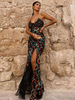 Robe de Soirée Longue Imprimé avec Bretelles à Col Décolleté en V avec Dos Nu Coupe Cintrée avec Fente Bicolores Robe Eté Robe Sexy