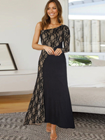 Robe de Soirée Longue Imprimé Femme Eté Sexy avec Manches Longues Epaule Dénudées Coupe Cintrée Bicolores