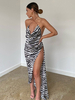 Robe de Soirée Longue Imprimé Rayures en Satin avec Bretelles à Col Décolleté Croisé Coupe Cintrée avec Fente Bicolores Robe Longue Robe Eté