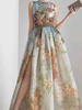 Robe de Soirée Longue Imprimés Fleuries à Col Rond avec Bretellles Coupe Cintrée avec Fente Bas Evasée Multicolores Robe Longue Robe Eté Sexy