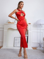 Robe de Soirée Longue Moulante Femme avec Bretelles avec Epaule Dénudée Coupe Cintrée avec Fente Unicolore