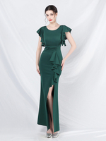 Robe De Soirée Longue Moulante Fendue Volante Femme Manches Courtes