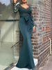 Robe de Soirée Longue Robe de Sirène en Dentelle avec Manches Longues à Col V Coupe Cintrée Unicolore Robe Longue