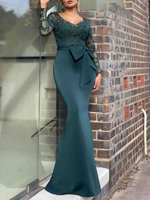 Robe de Soirée Longue Robe de Sirène en Dentelle avec Manches Longues à Col V Coupe Cintrée Unicolore Robe Longue