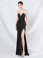 Robe De Soirée Longue Robe Semi-Formelle Bustier Noire Plissée À Fente Haute