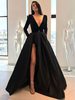 Robe de Soirée Longue Tissu de Satin Col V à Fente Manches Longues A Ligne Sexy