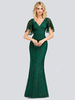 Robe de soirée manche courte col en V longueur au sol verte foncé brillante Robe mère de mariée