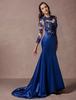 Robe de soirée manches longues bleu sirène dos nu Satin Party robe en dentelle avec Cour Train