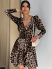 Robe de soirée marron à col en V et manches longues imprimé léopard robe semi-formelle