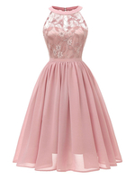 Robe de Soirée Mi-longue en Mousseline Cousu en Dentelle Broderie Fleurie avec Bretelles à Col Rond avec Epaule Dénudée Coupe Cintrée Bas Evasée Unicolore