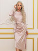 Robe de Soirée Mi-longue en Satin avec Manches Longues à Col Rond Coupe Cintrée à Ceinture avec Fente Unicolore