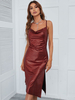 Robe de Soirée Mi-longue Femme avec Bretelles à Col V Coupe Cintrée avec Fente Unicolore
