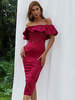 Robe de Soirée Mi-longue Femme avec Manches Courtes Volantes avec Epaule Dénudée Coupe Cintrée Unicolore