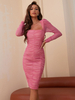 Robe de Soirée Mi-longue Femme avec Manches Longues à Col Décolleté Coupe Cintrée Unicolore Robe Sexy
